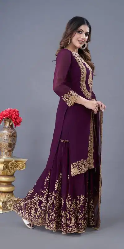 SRK-5242 Wine Faux Georgette Embroidery Sequence Work Salwar Suit Casual, Wedding, Party, Festive, Events Etc.4-6 Working Days@ 2099/-only | Jump Suits, Salwar suit, Casual Suits, Creative suits, Designer Suits, Palazzo Suits, Party Wear Suits, Patiala Suits, Straight Suits