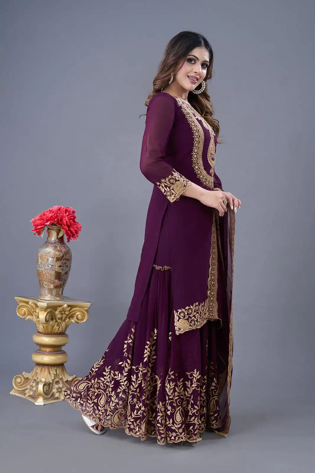 SRK-5242 Wine Faux Georgette Embroidery Sequence Work Salwar Suit  Casual, Wedding, Party, Festive, Events Etc.4-6 Working Days@ 2099/-only | Jump Suits, Salwar suit, Casual Suits, Creative suits, Designer Suits, Palazzo Suits, Party Wear Suits, Patiala Suits, Straight Suits