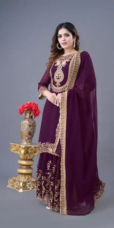 SRK-5242 Wine Faux Georgette Embroidery Sequence Work Salwar Suit Casual, Wedding, Party, Festive, Events Etc.4-6 Working Days@ 2099/-only | Jump Suits, Salwar suit, Casual Suits, Creative suits, Designer Suits, Palazzo Suits, Party Wear Suits, Patiala Suits, Straight Suits