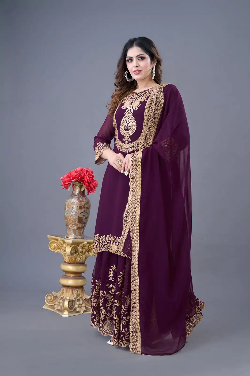 SRK-5242 Wine Faux Georgette Embroidery Sequence Work Salwar Suit  Casual, Wedding, Party, Festive, Events Etc.4-6 Working Days@ 2099/-only | Jump Suits, Salwar suit, Casual Suits, Creative suits, Designer Suits, Palazzo Suits, Party Wear Suits, Patiala Suits, Straight Suits