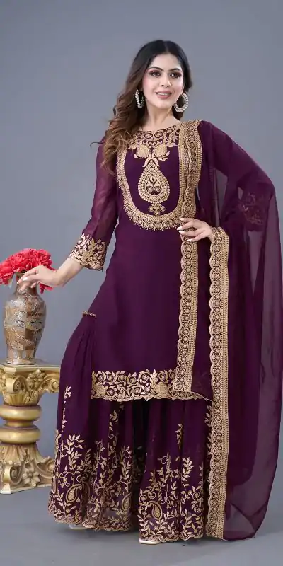 SRK-5242 Wine Faux Georgette Embroidery Sequence Work Salwar Suit Casual, Wedding, Party, Festive, Events Etc.4-6 Working Days@ 2099/-only | Jump Suits, Salwar suit, Casual Suits, Creative suits, Designer Suits, Palazzo Suits, Party Wear Suits, Patiala Suits, Straight Suits