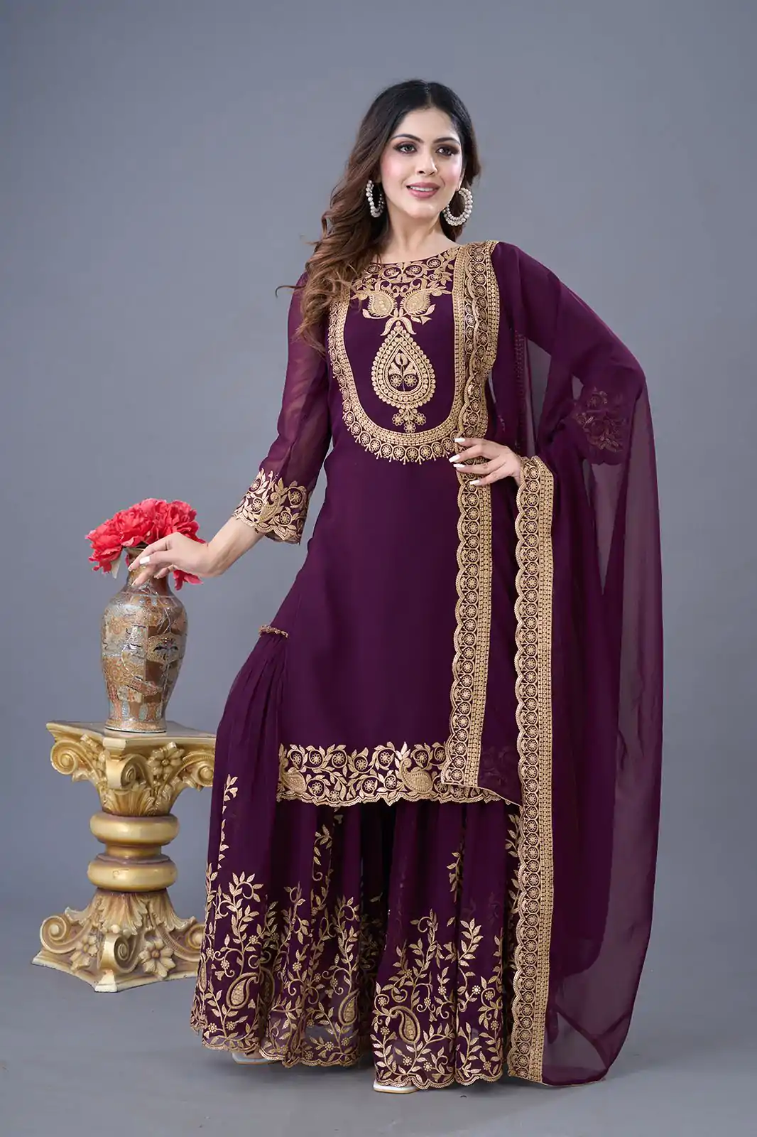 SRK-5242 Wine Faux Georgette Embroidery Sequence Work Salwar Suit  Casual, Wedding, Party, Festive, Events Etc.4-6 Working Days@ 2099/-only | Jump Suits, Salwar suit, Casual Suits, Creative suits, Designer Suits, Palazzo Suits, Party Wear Suits, Patiala Suits, Straight Suits