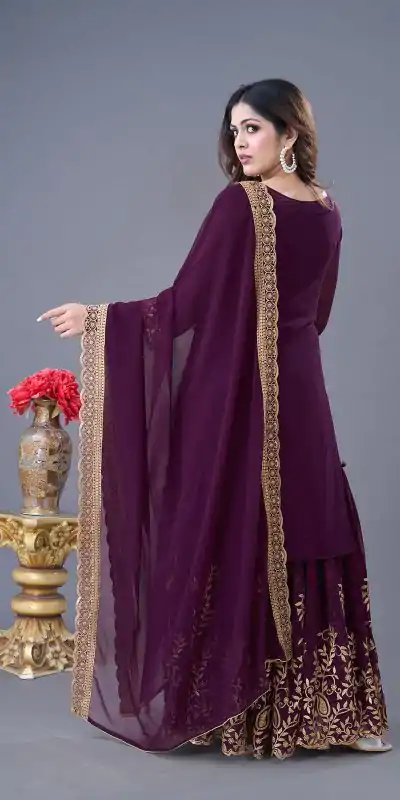 SRK-5242 Wine Faux Georgette Embroidery Sequence Work Salwar Suit Casual, Wedding, Party, Festive, Events Etc.4-6 Working Days@ 2099/-only | Jump Suits, Salwar suit, Casual Suits, Creative suits, Designer Suits, Palazzo Suits, Party Wear Suits, Patiala Suits, Straight Suits