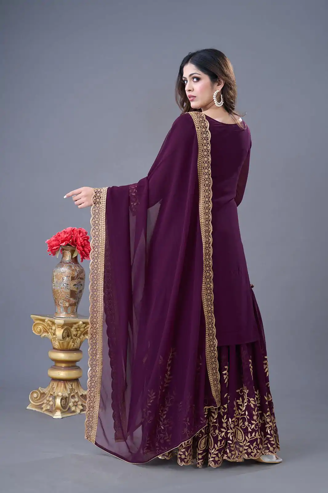 SRK-5242 Wine Faux Georgette Embroidery Sequence Work Salwar Suit  Casual, Wedding, Party, Festive, Events Etc.4-6 Working Days@ 2099/-only | Jump Suits, Salwar suit, Casual Suits, Creative suits, Designer Suits, Palazzo Suits, Party Wear Suits, Patiala Suits, Straight Suits