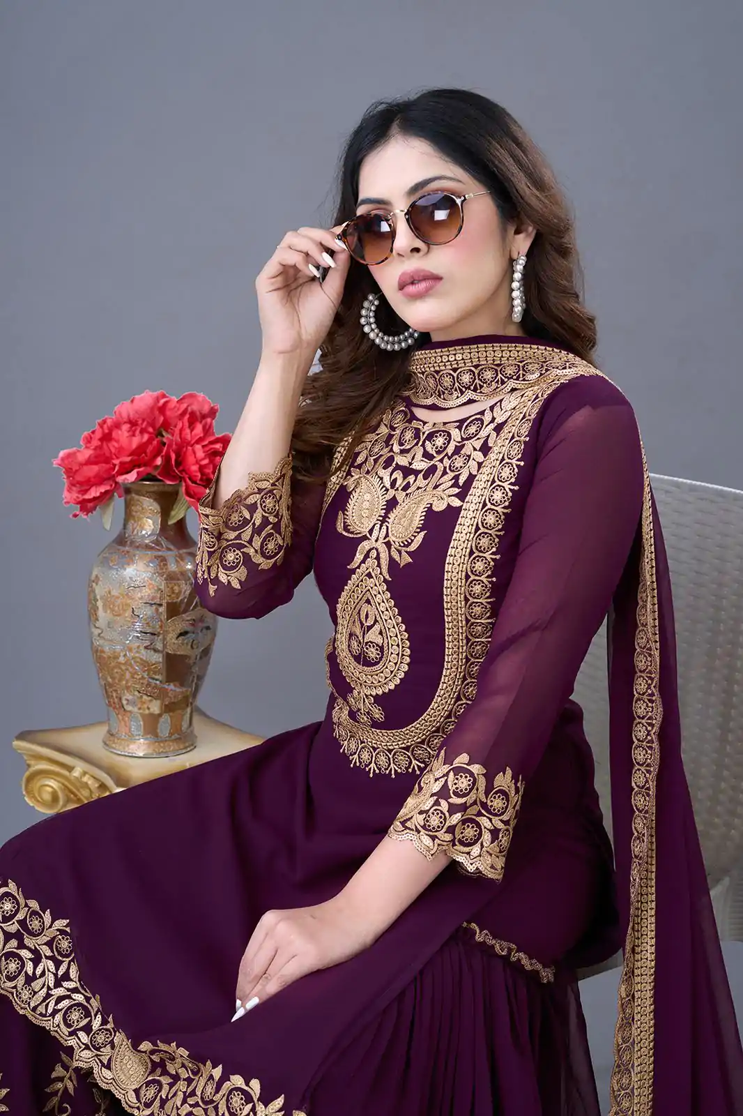 SRK-5242 Wine Faux Georgette Embroidery Sequence Work Salwar Suit  Casual, Wedding, Party, Festive, Events Etc.4-6 Working Days@ 2099/-only | Jump Suits, Salwar suit, Casual Suits, Creative suits, Designer Suits, Palazzo Suits, Party Wear Suits, Patiala Suits, Straight Suits