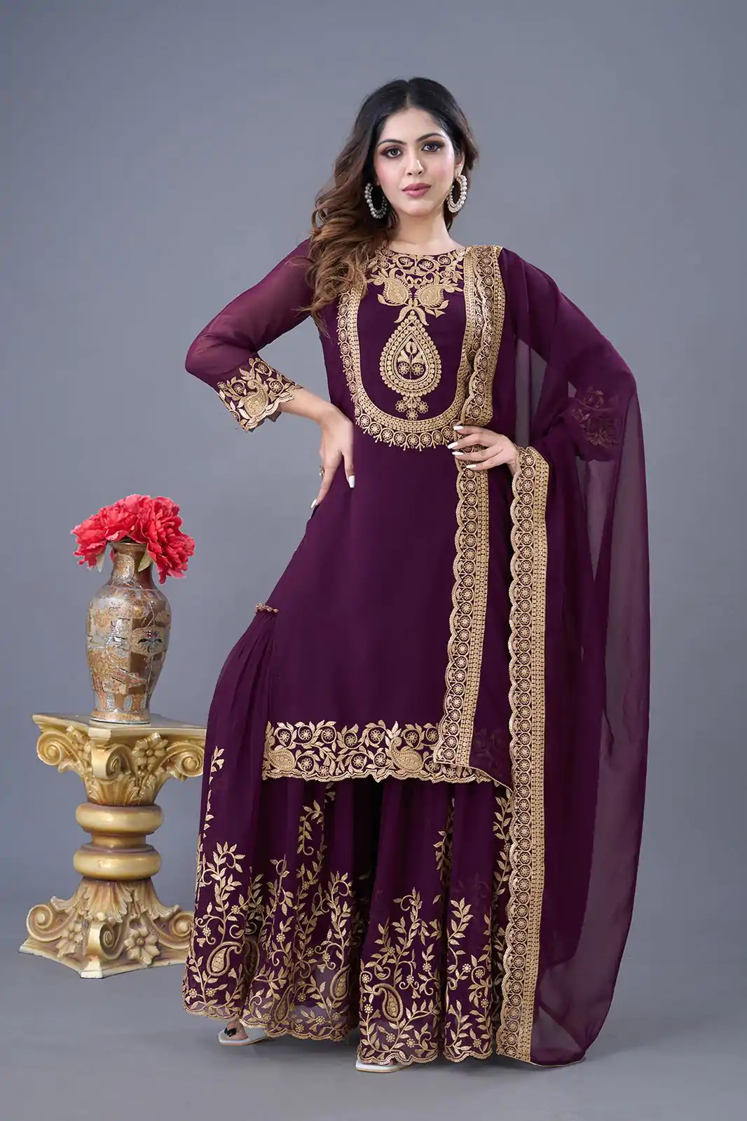 SRK-5242 Wine Faux Georgette Embroidery Sequence Work Salwar Suit  Casual, Wedding, Party, Festive, Events Etc.4-6 Working Days@ 2099/-only | Jump Suits, Salwar suit, Casual Suits, Creative suits, Designer Suits, Palazzo Suits, Party Wear Suits, Patiala Suits, Straight Suits