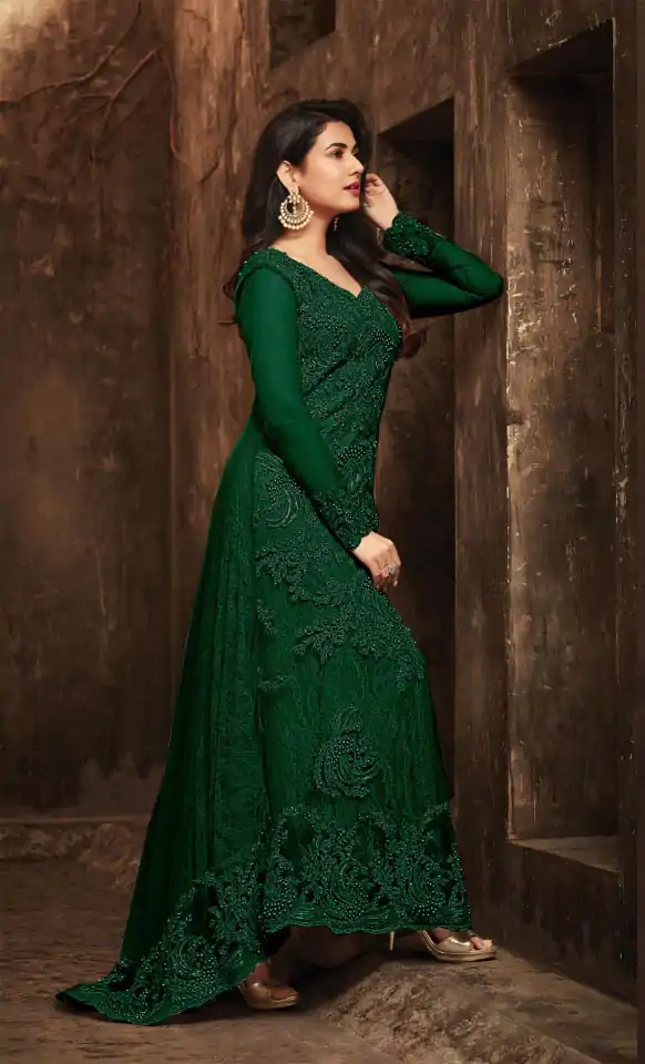  FC 5703 Green Football Net Embroidery Sequence Stone Coding Moti Work Salwar Suit Casual, Wedding, Party, Festive, Events Etc.4-6 Working Days@ 2099/-only | Jump Suits, Salwar suit, Casual Suits, Creative suits, Designer Suits, Palazzo Suits, Party Wear Suits, Patiala Suits, Straight Suits