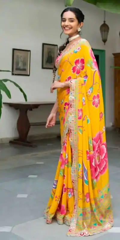 MS 472 Yellow color Chinon Printed Multicolored Embroidery Coding Sequins Lace Saree Wedding, Festive, Events . Expected Delivery  4-6 Working Days @1649/- | Sarees, Bollywood Sarees, Creative Sarees, Designer Sarees, Embroidered Sarees, Ethnic Saree, Modern Digital sarees, Party Wear Sarees