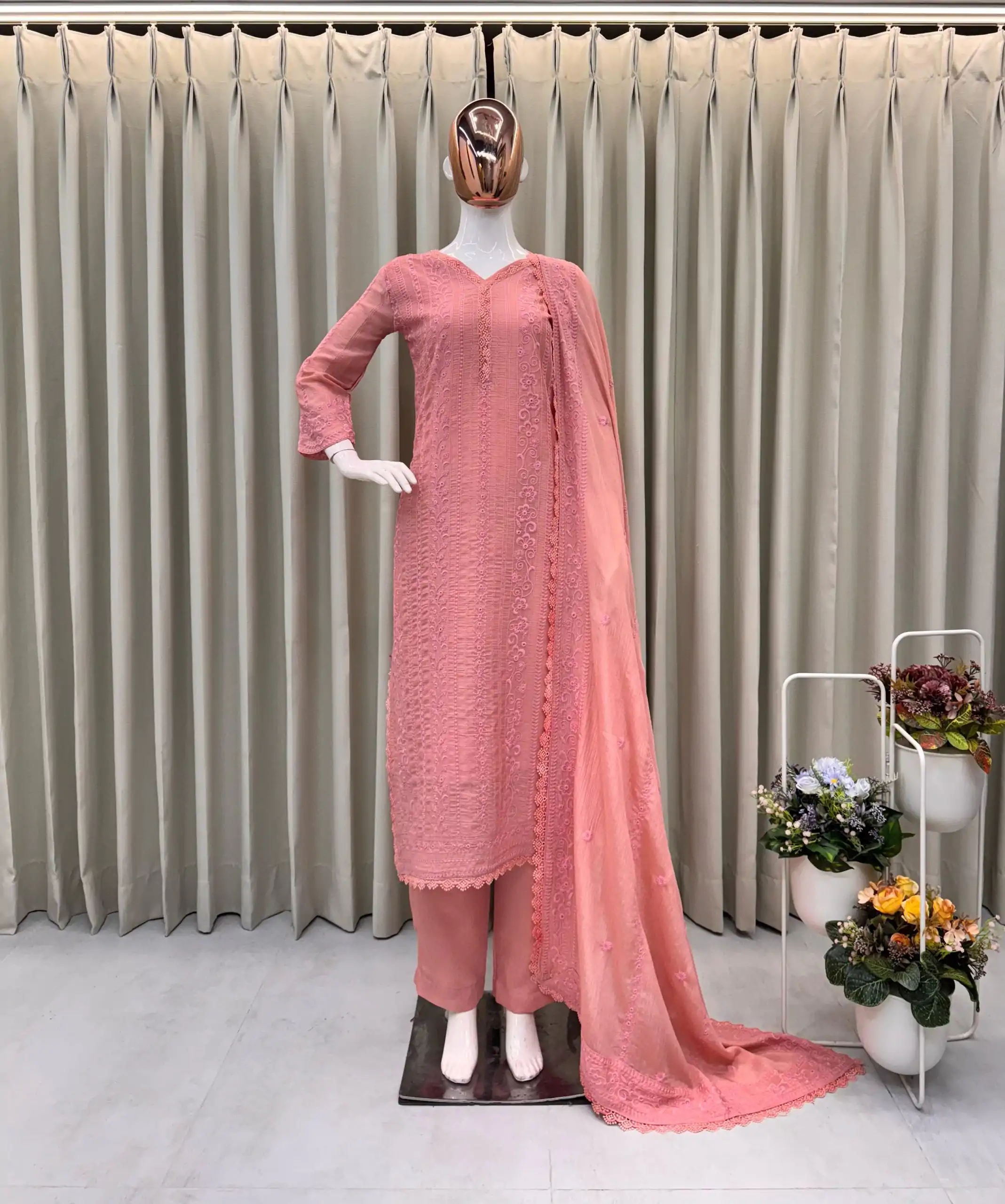  BE 322 Peach Color Chinon Cotton Thread Embroidery Work Salwar Suit Casual, Wedding, Party, Festive, Events Etc.4-6 Working Days@ 2099/-only | Jump Suits, Salwar suit, Casual Suits, Creative suits, Designer Suits, Palazzo Suits, Party Wear Suits, Patiala Suits, Straight Suits