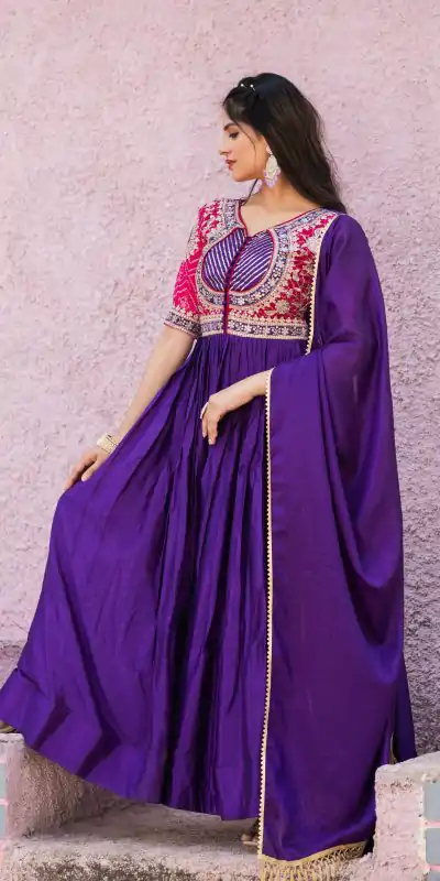 Purple Chinon Bandhrej Heavy Sequence Embroidery Work Anarkali Gown