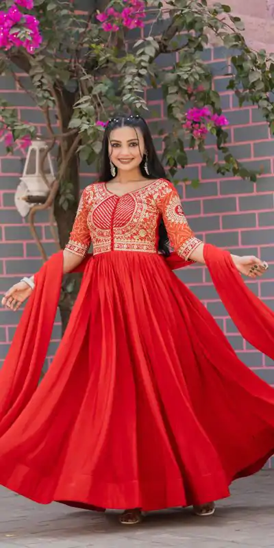 Red Chinon Bandhrej Heavy Sequence Embroidery Work Anarkali Gown