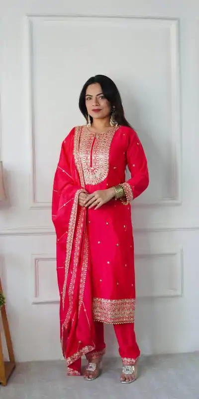 VLM 254 Red Color Cosmo Silk With Heavy Embroidery Sequence Work Salwar Suit Casual, Wedding, Party, Festive, Events Etc.4-6 Working Days@ 2099/-only | Jump Suits, Salwar suit, Casual Suits, Creative suits, Designer Suits, Palazzo Suits, Party Wear Suits, Patiala Suits, Straight Suits