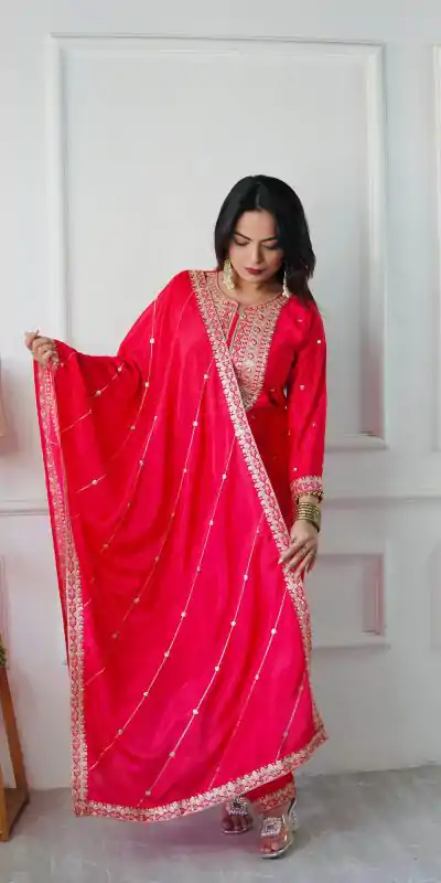 VLM 254 Red Color Cosmo Silk With Heavy Embroidery Sequence Work Salwar Suit Casual, Wedding, Party, Festive, Events Etc.4-6 Working Days@ 2099/-only | Jump Suits, Salwar suit, Casual Suits, Creative suits, Designer Suits, Palazzo Suits, Party Wear Suits, Patiala Suits, Straight Suits