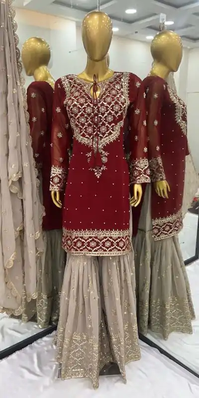 Classic Red Color Faux Georgette With 5mm Embroidery Sequence Thread Work Salwar Suit