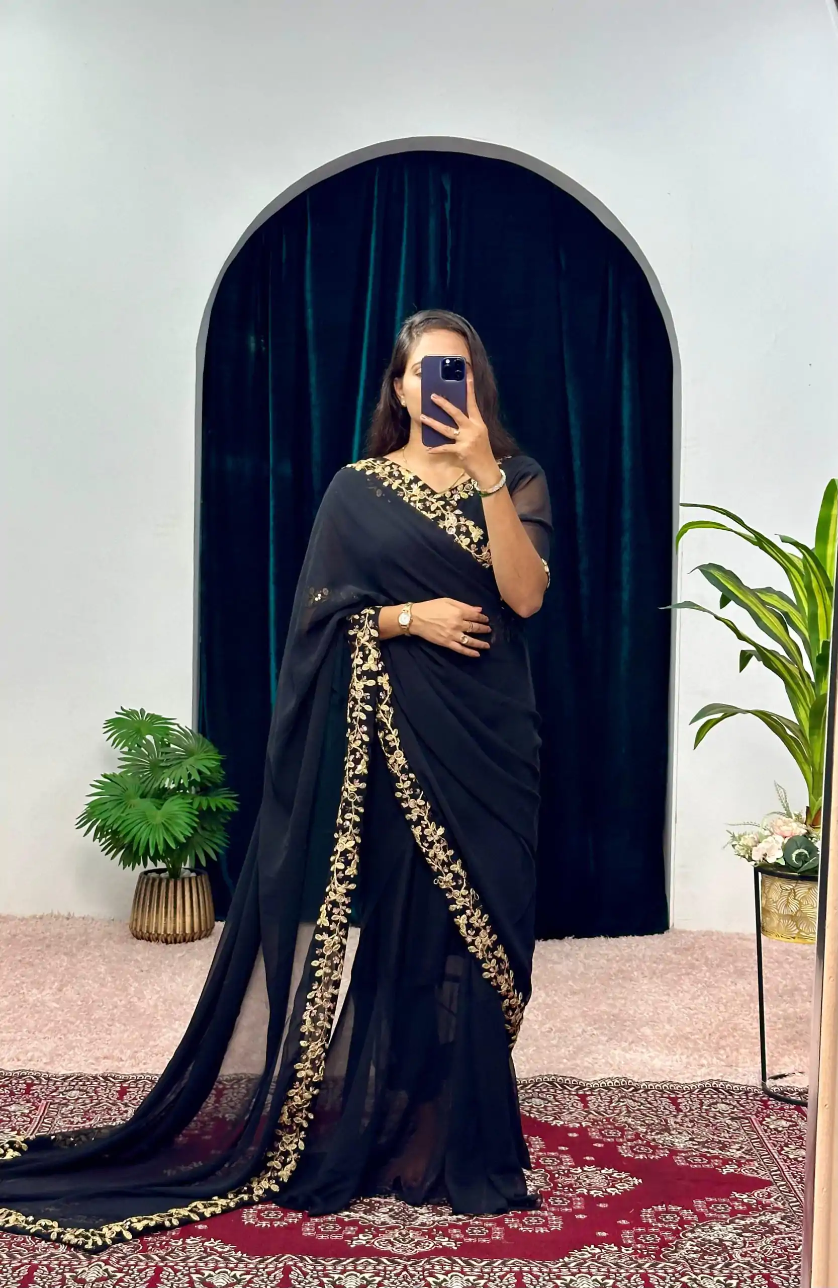 Exotic Black Color Faux Georgette Embroidery Work Border Stitched Saree-Gown