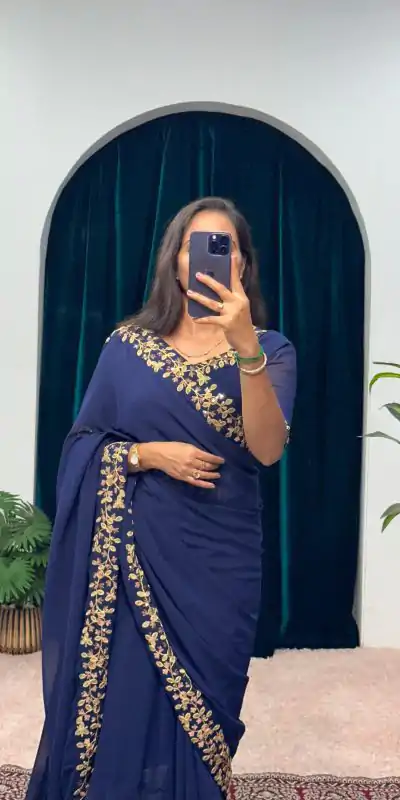 Exotic Navy Blue Color Faux Georgette Embroidery Work Border Stitched Saree-Gown