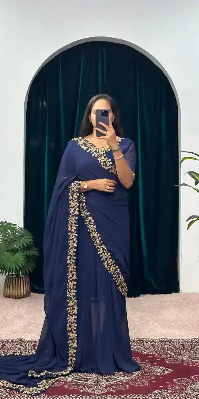Exotic Navy Blue Color Faux Georgette Embroidery Work Border Stitched Saree-Gown