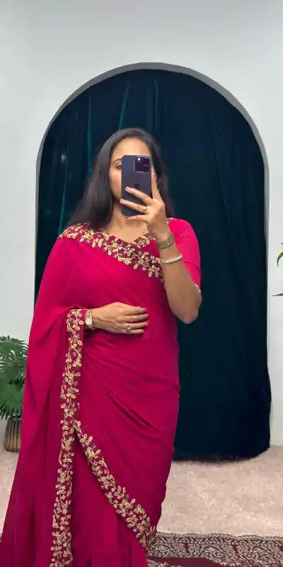 Exotic Pink Color Faux Georgette Embroidery Work Border Stitched Saree-Gown (2)