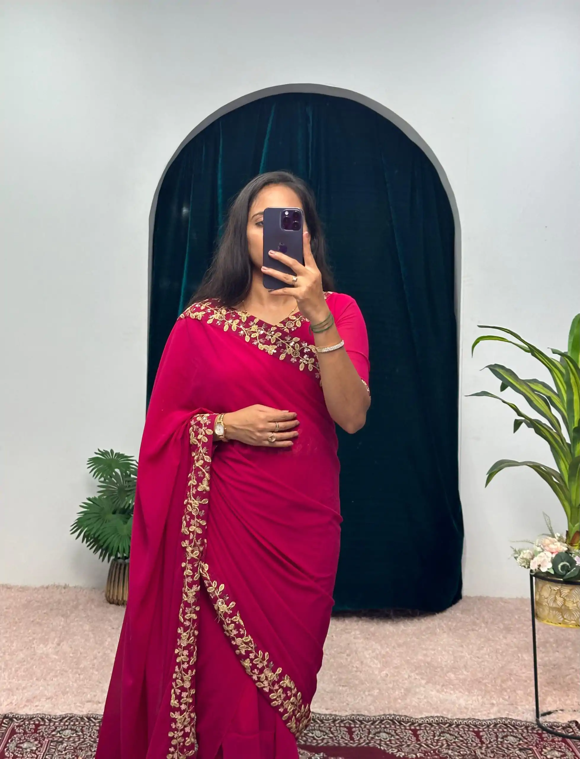 Exotic Pink Color Faux Georgette Embroidery Work Border Stitched Saree-Gown (2)