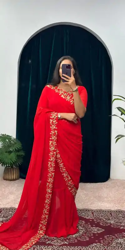 Exotic Red Color Faux Georgette Embroidery Work Border Stitched Saree-Gown