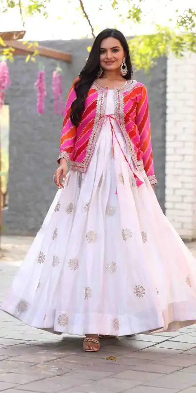 White Chinon Cording Sequence Embroidery Work Anarkali Gown