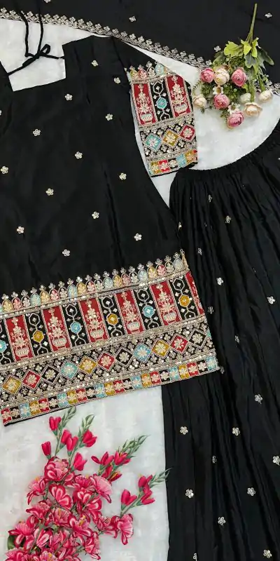 VLM 242 Black Chinnon Silk Embroidery Work Salwar Suit Casual, Wedding, Party, Festive, Events Etc.4-6 Working Days@ 2099/-only | Jump Suits, Salwar suit, Casual Suits, Creative suits, Designer Suits, Palazzo Suits, Party Wear Suits, Patiala Suits, Straight Suits