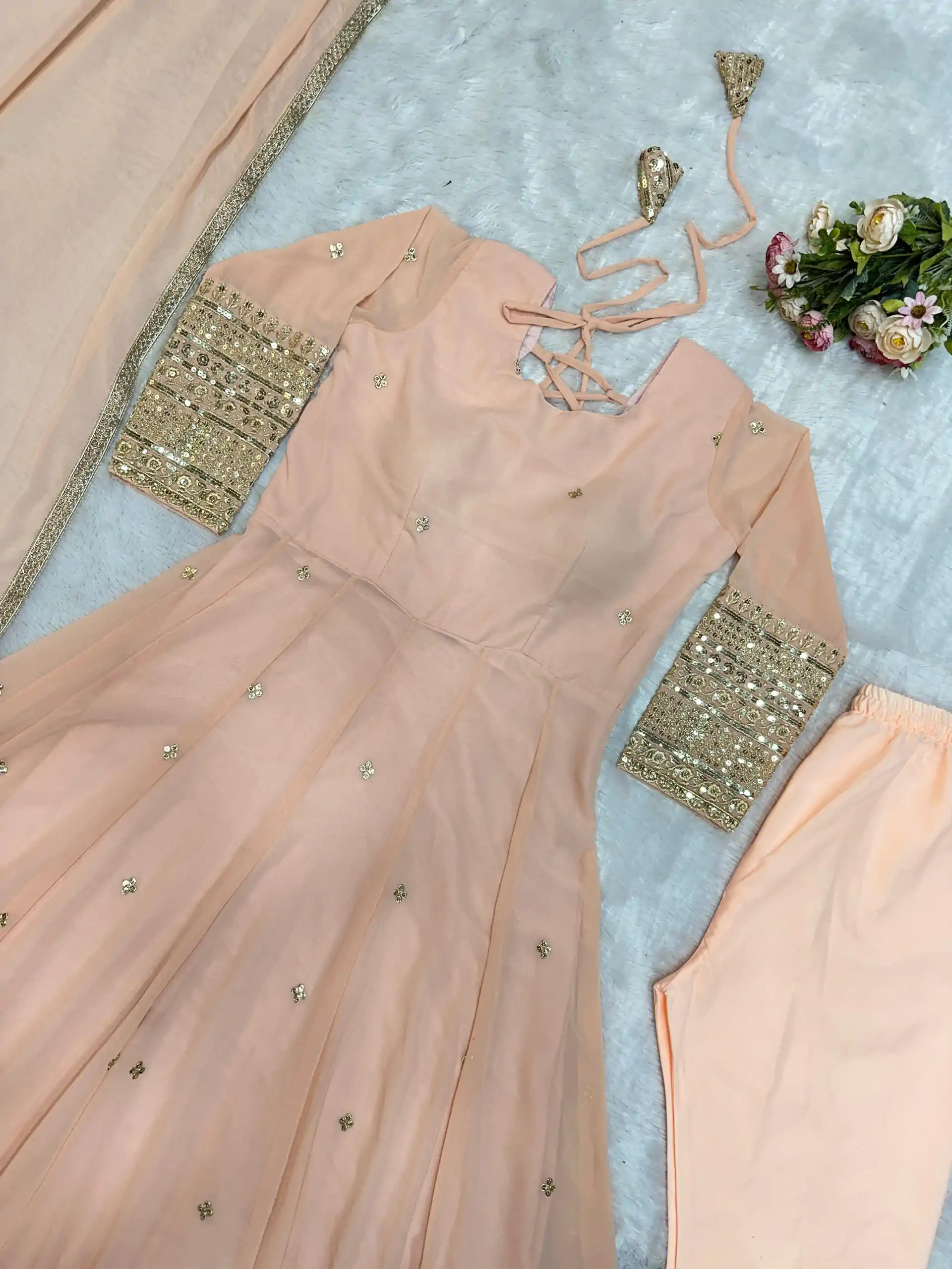 VLM 258 Cream Color Fox Georgette With Embroidery Work Anarkali Gown Wedding Party, Festive, Events Etc.4-6 Working Days@2149/- only | Gowns, Bollywood Gowns, Creative Gowns, Designer Gowns, Embroidered Gowns, Party Wear Gowns, Straight Suits