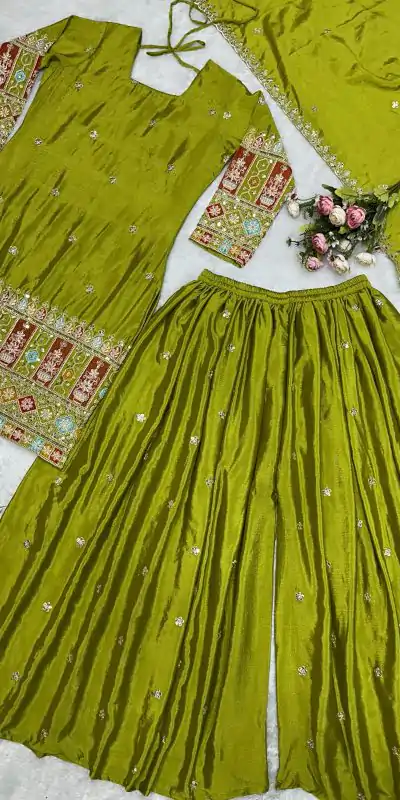 VLM 242 Light Green Chinnon Silk Embroidery Work Salwar Suit Casual, Wedding, Party, Festive, Events Etc.4-6 Working Days@ 2099/-only | Jump Suits, Salwar suit, Casual Suits, Creative suits, Designer Suits, Palazzo Suits, Party Wear Suits, Patiala Suits, Straight Suits