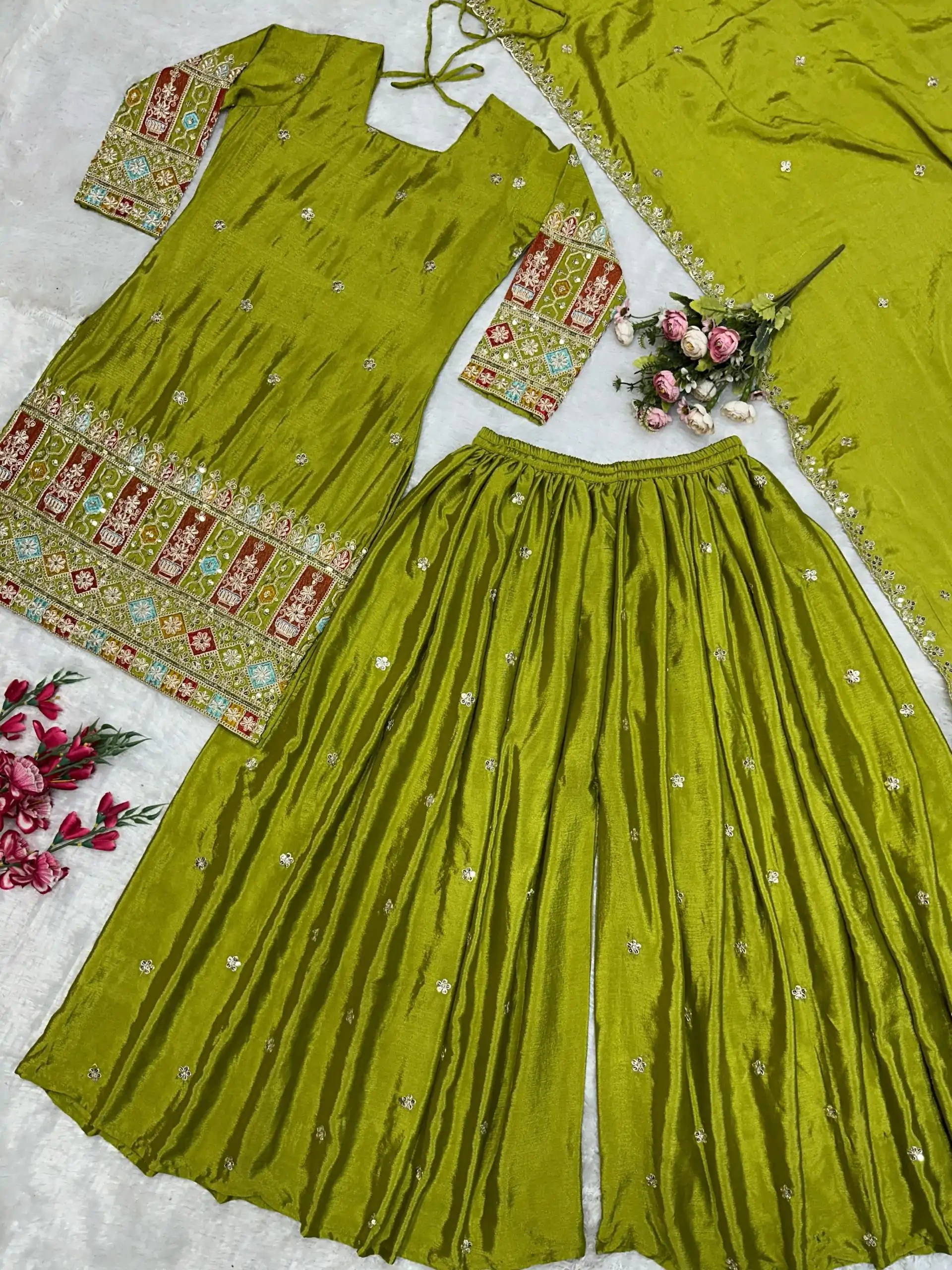 VLM 242 Light Green Chinnon Silk Embroidery Work Salwar Suit Casual, Wedding, Party, Festive, Events Etc.4-6 Working Days@ 2099/-only | Jump Suits, Salwar suit, Casual Suits, Creative suits, Designer Suits, Palazzo Suits, Party Wear Suits, Patiala Suits, Straight Suits
