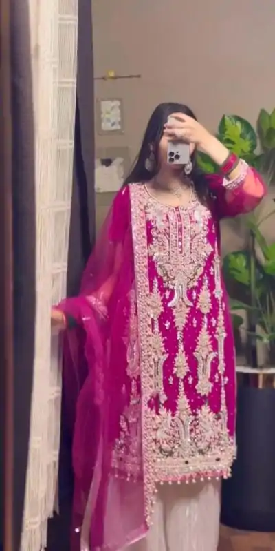 Glowing Pink Color Fox Georgette With Sequence Embroidery Work Pari Lace Salwar Suit