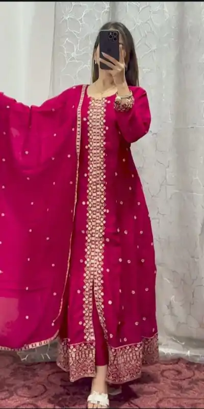 Glowing Red Color Pure chinon With Embroidery Work With kali Salwar Suit