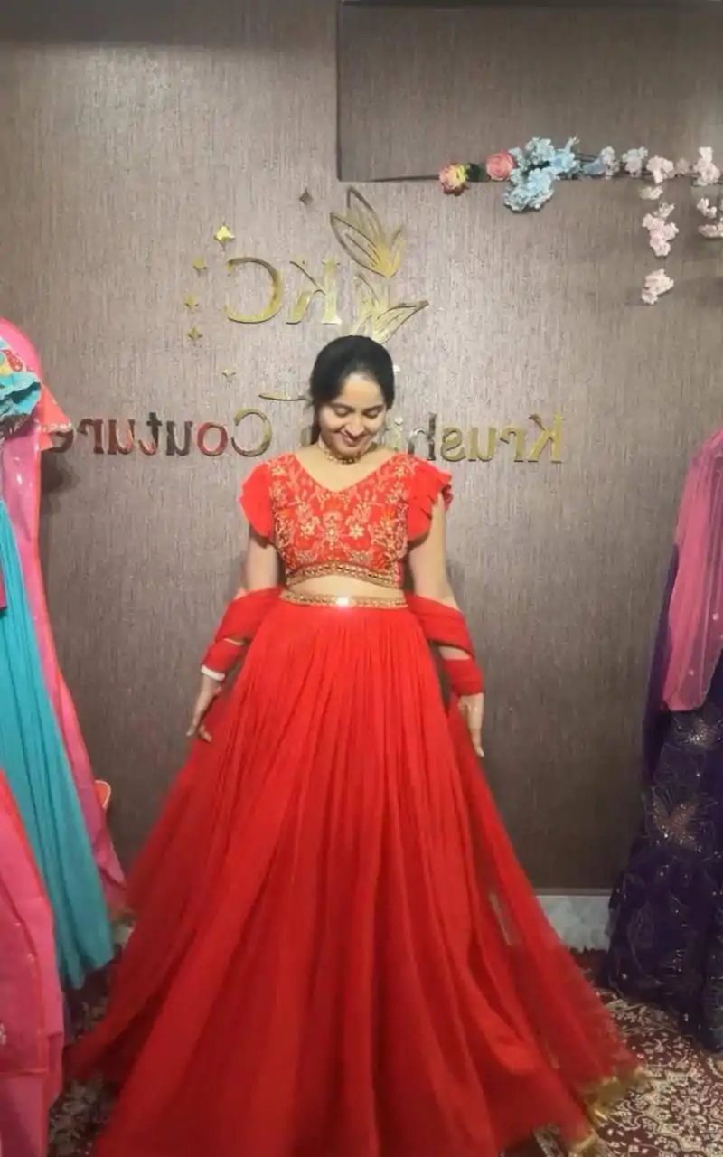 Red Fox Georgette Embroidery Thread Hand Pasting Real Mirror Lehenga Choli - Image 2