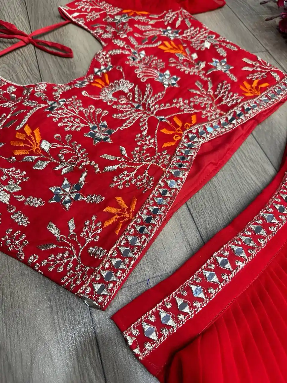 Red Fox Georgette Embroidery Thread Hand Pasting Real Mirror Lehenga Choli - Image 3