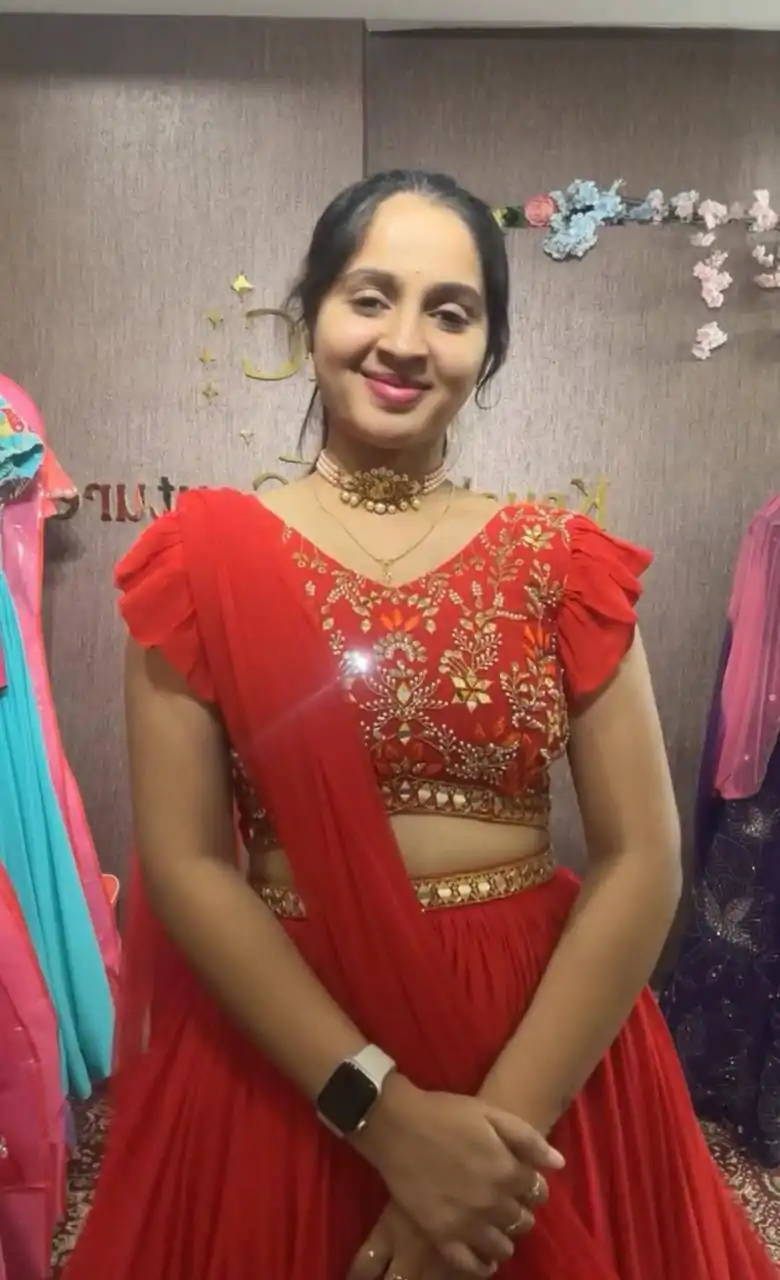 Red Fox Georgette Embroidery Thread Hand Pasting Real Mirror Lehenga Choli - Image 4