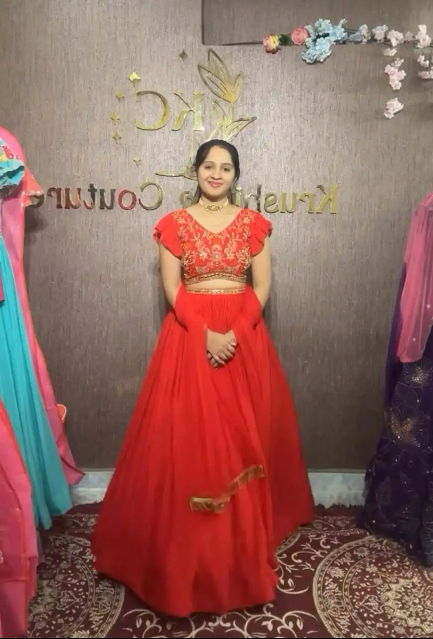 Red Fox Georgette Embroidery Thread Hand Pasting Real Mirror Lehenga Choli - Image 5