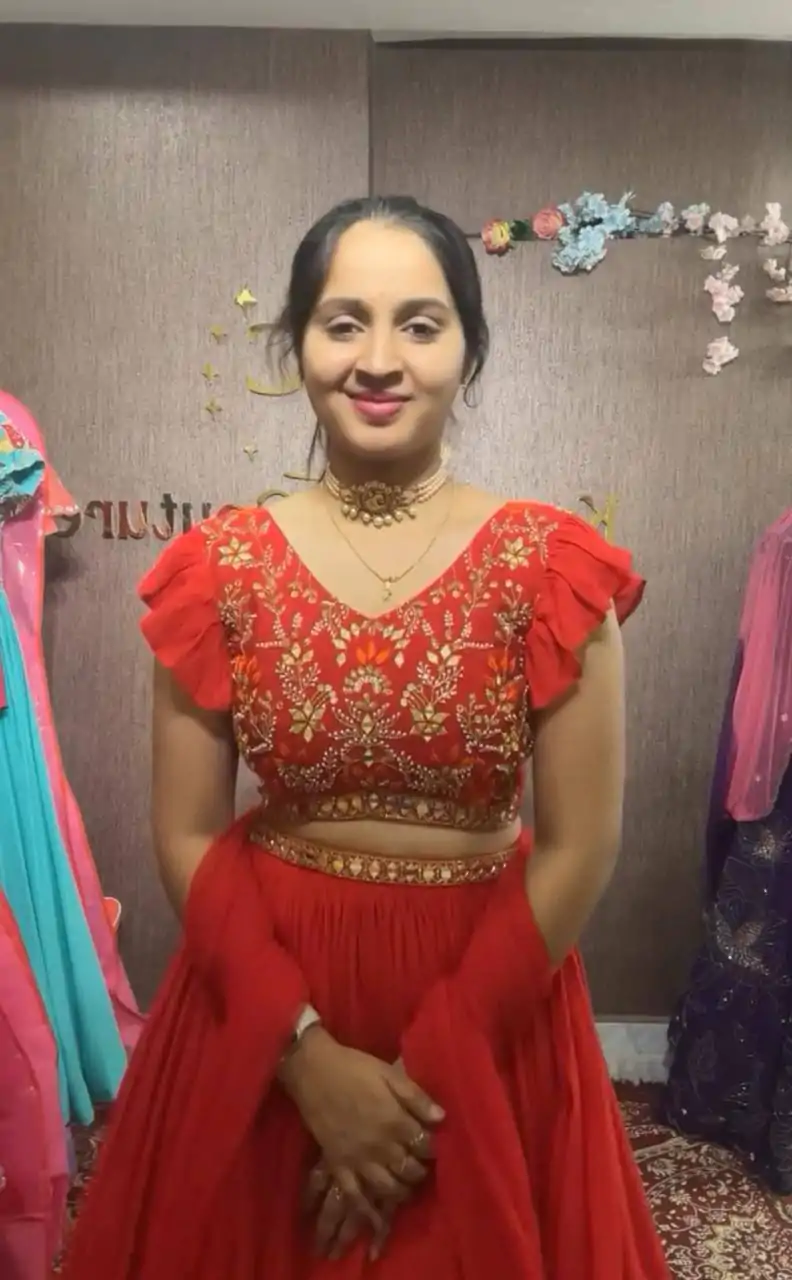 Red Fox Georgette Embroidery Thread Hand Pasting Real Mirror Lehenga Choli - Image 6