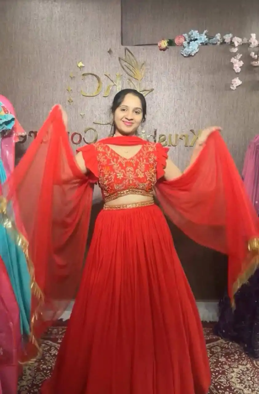 Red Fox Georgette Embroidery Thread Hand Pasting Real Mirror Lehenga Choli - Image 7