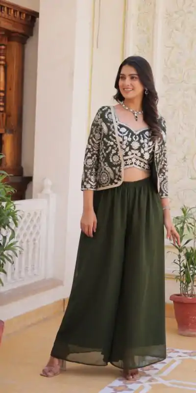 Mehandi Fox Georgette Embroidery Lace Work Anarkali Gown