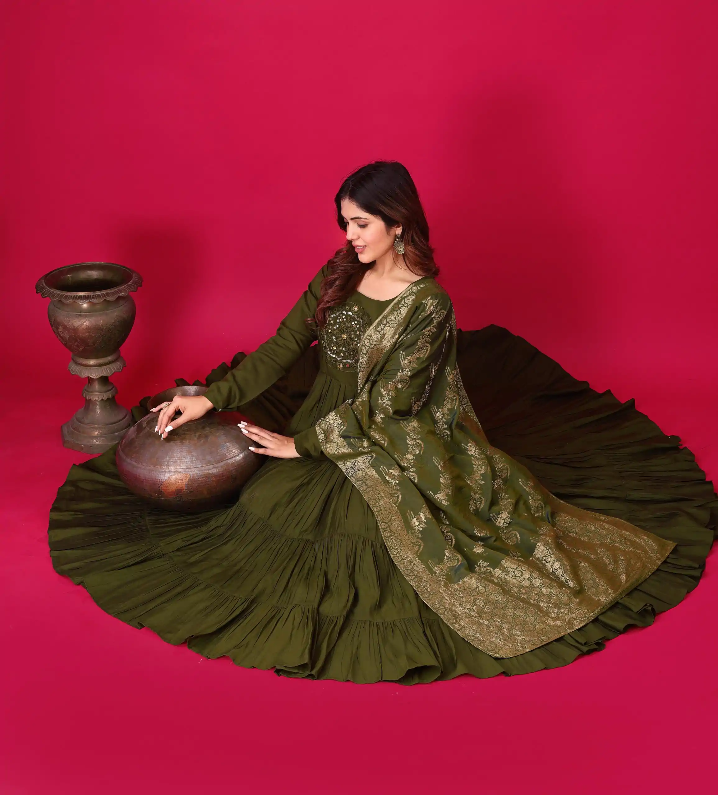 ZSR 3107 Mehandi Color Roman Silk With Embroidery Sequence Work Anarkali Gown Wedding Party, Festive, Events Etc.4-6 Working Days@1799/- only | Gowns, Bollywood Gowns, Creative Gowns, Designer Gowns, Embroidered Gowns, Party Wear Gowns, Straight Suits
