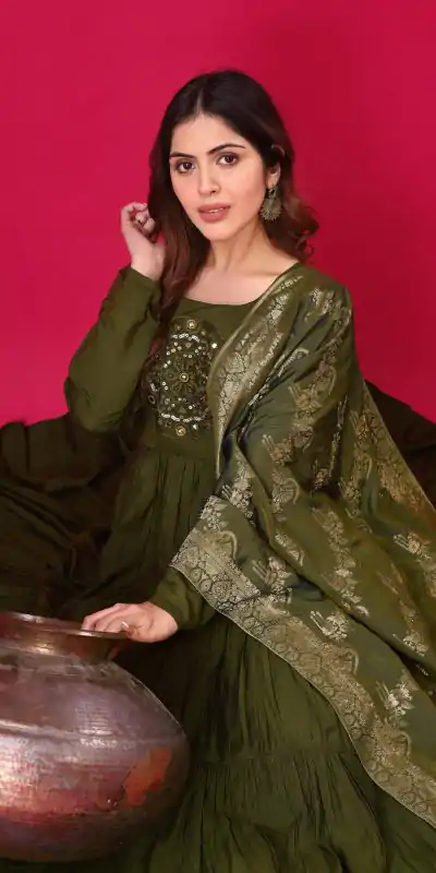 ZSR 3107 Mehandi Color Roman Silk With Embroidery Sequence Work Anarkali Gown Wedding Party, Festive, Events Etc.4-6 Working Days@1799/- only | Gowns, Bollywood Gowns, Creative Gowns, Designer Gowns, Embroidered Gowns, Party Wear Gowns, Straight Suits