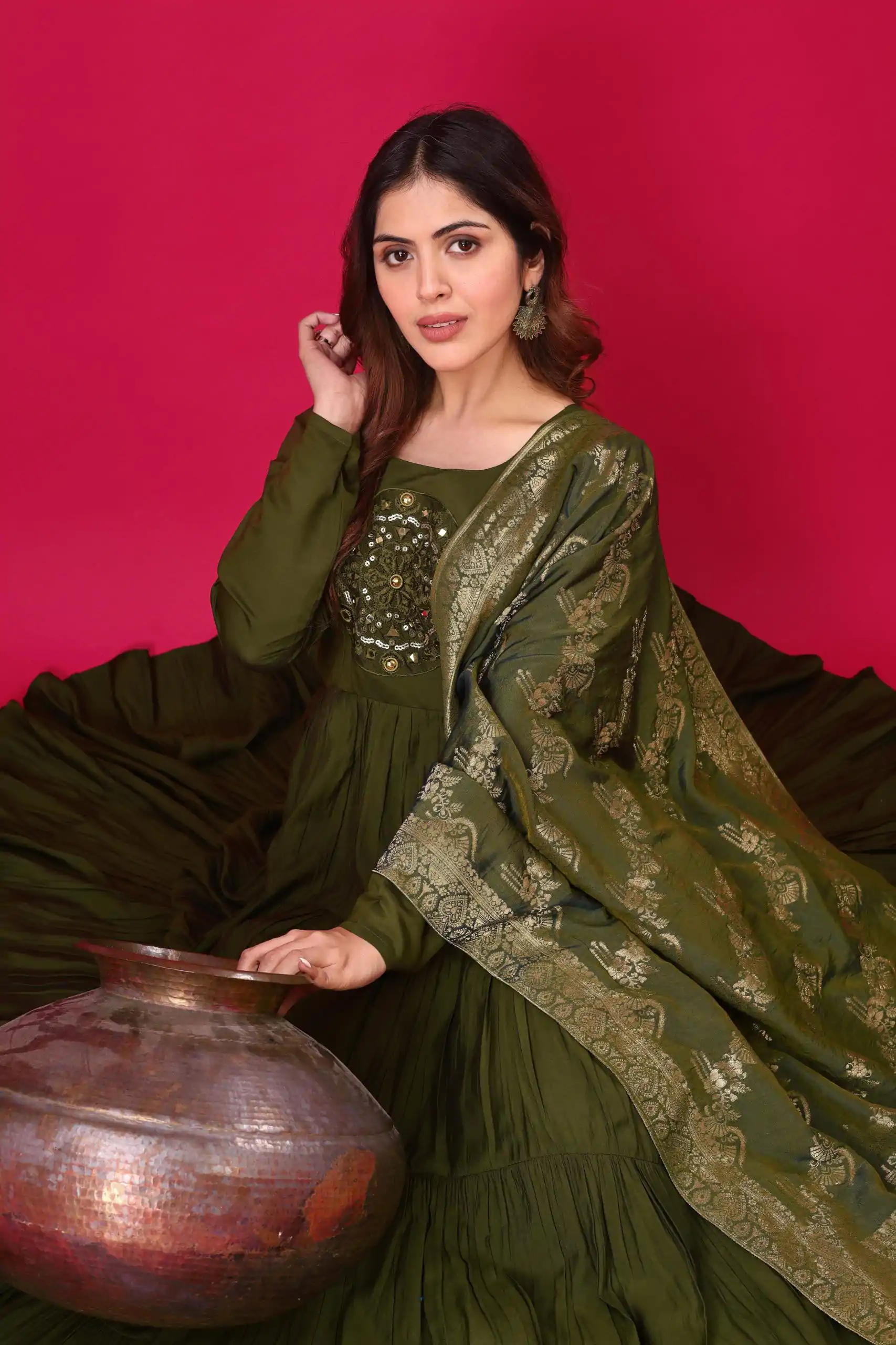 ZSR 3107 Mehandi Color Roman Silk With Embroidery Sequence Work Anarkali Gown Wedding Party, Festive, Events Etc.4-6 Working Days@1799/- only | Gowns, Bollywood Gowns, Creative Gowns, Designer Gowns, Embroidered Gowns, Party Wear Gowns, Straight Suits