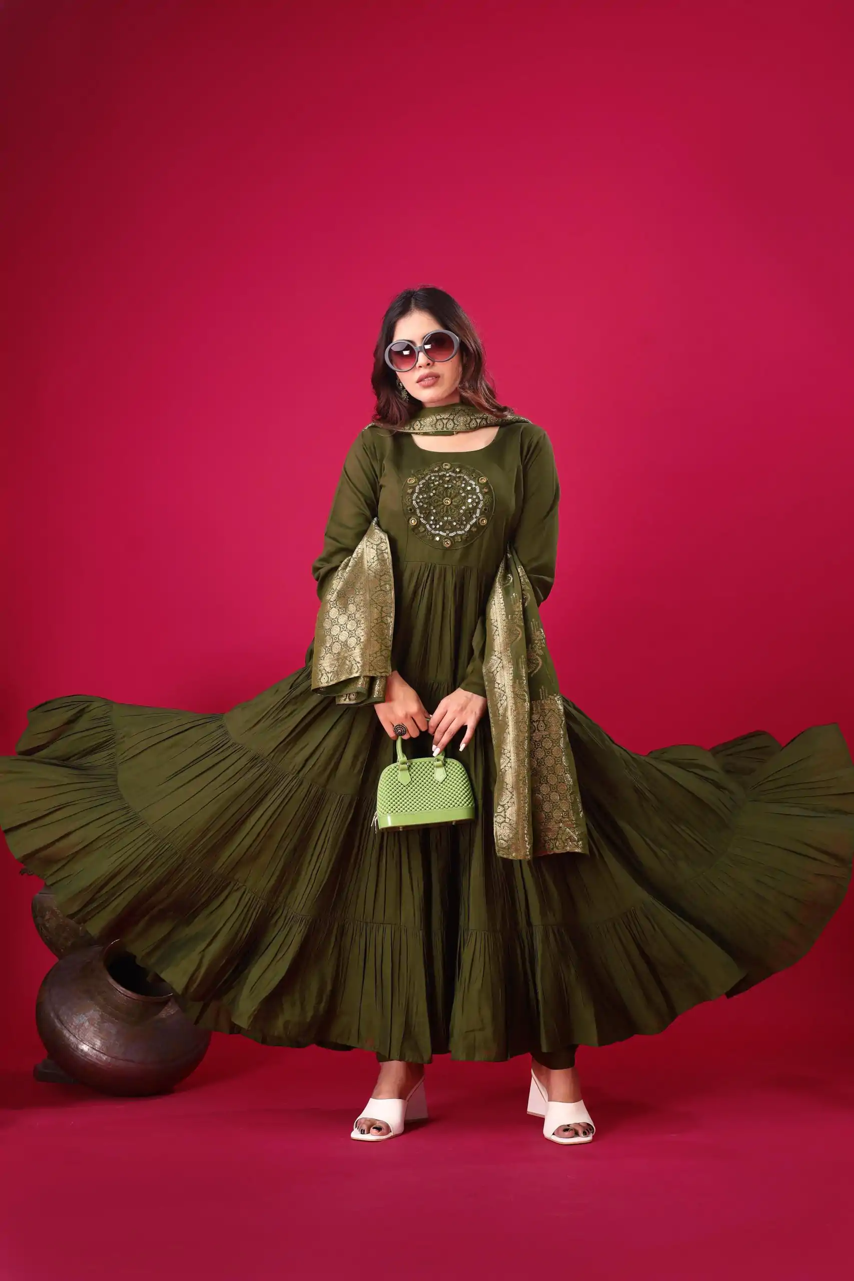 ZSR 3107 Mehandi Color Roman Silk With Embroidery Sequence Work Anarkali Gown Wedding Party, Festive, Events Etc.4-6 Working Days@1799/- only | Gowns, Bollywood Gowns, Creative Gowns, Designer Gowns, Embroidered Gowns, Party Wear Gowns, Straight Suits