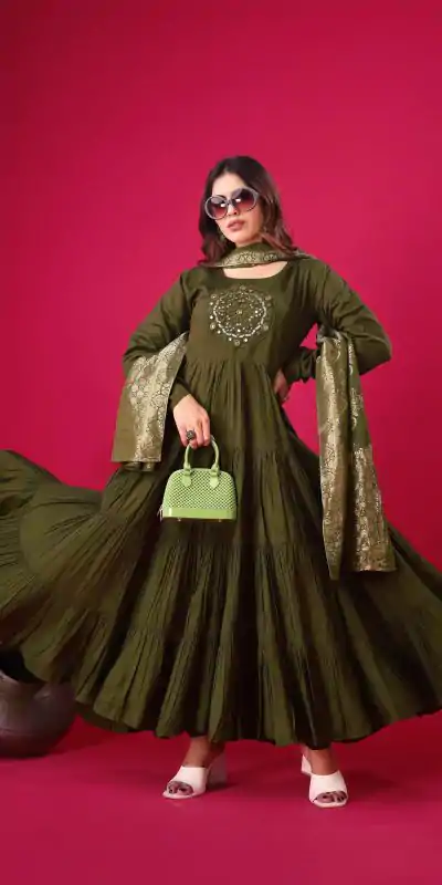 Magical Mehandi Color Roman Silk With Embroidery Sequence Work Anarkali Gown