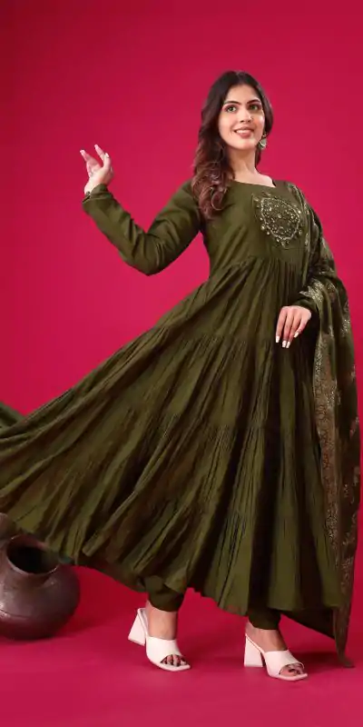 ZSR 3107 Mehandi Color Roman Silk With Embroidery Sequence Work Anarkali Gown Wedding Party, Festive, Events Etc.4-6 Working Days@1799/- only | Gowns, Bollywood Gowns, Creative Gowns, Designer Gowns, Embroidered Gowns, Party Wear Gowns, Straight Suits