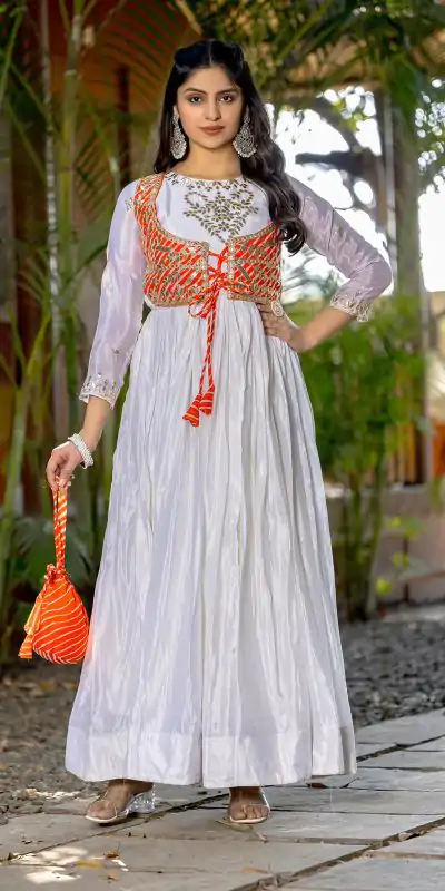 Magical White Color Chinon Laheriya Print Gotta Patti Cording Work Anarkali Gown