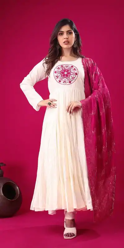 Magical White Color Roman Silk With Embroidery Sequence Work Anarkali Gown