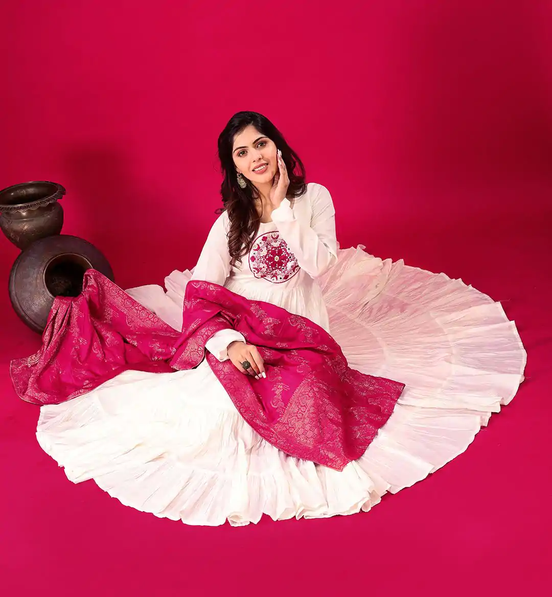 ZSR 3107 White Color Roman Silk With Embroidery Sequence Work Anarkali Gown Wedding Party, Festive, Events Etc.4-6 Working Days@1999/- only | Gowns, Bollywood Gowns, Creative Gowns, Designer Gowns, Embroidered Gowns, Party Wear Gowns, Straight Suits