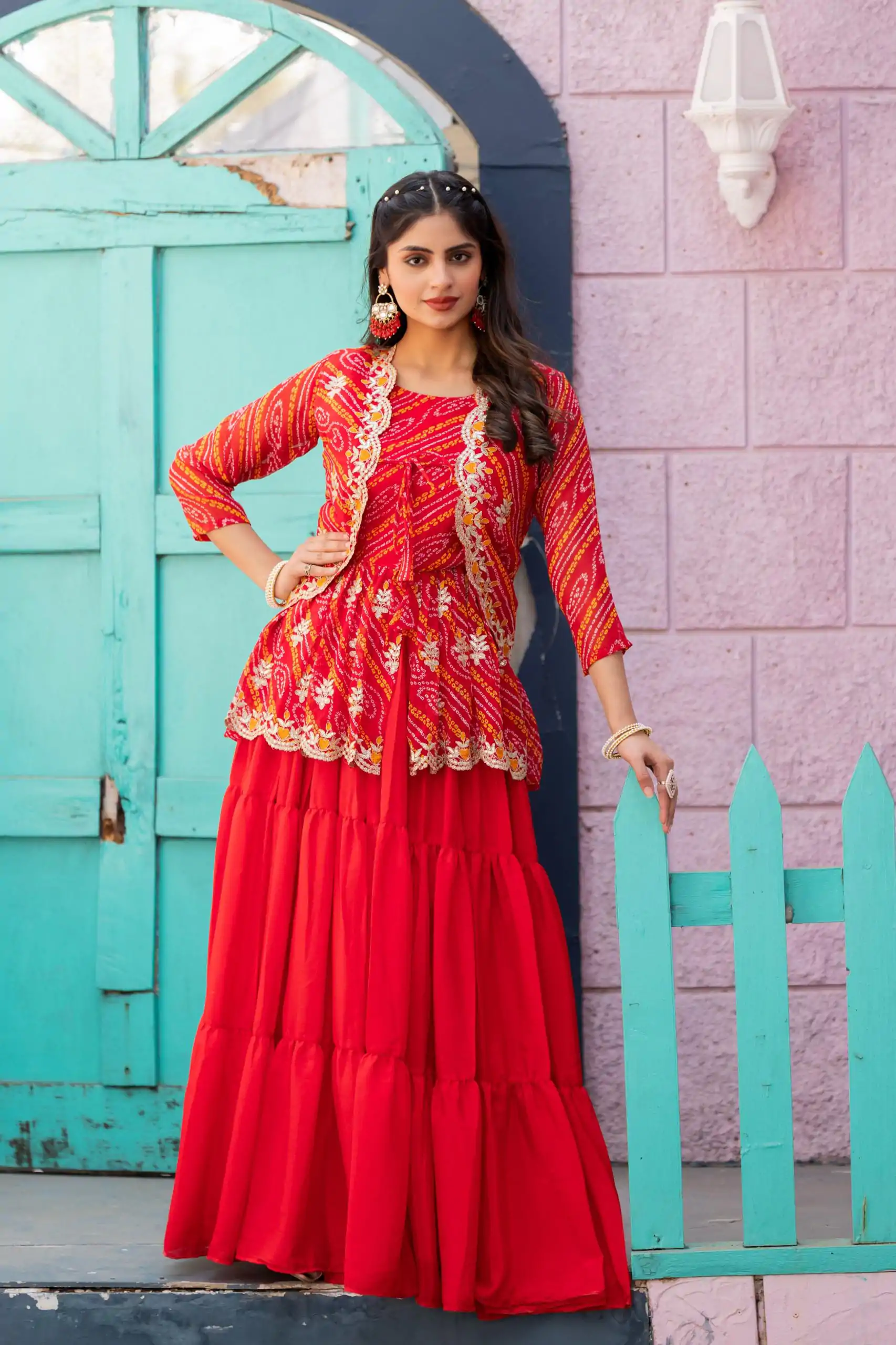Ram 091 Red Color Bandhej Embroidery Thared Work Lehenga Crop Top & Jacket Wedding, Party, Festive, Events Etc. Delivery 4-6 Working Days Rs 2149 | Lehenga, Bollywood Lehenga, Creative Lehenga, Designer Lehenga, Embroidered Lehenga, Party Wear Lehenga