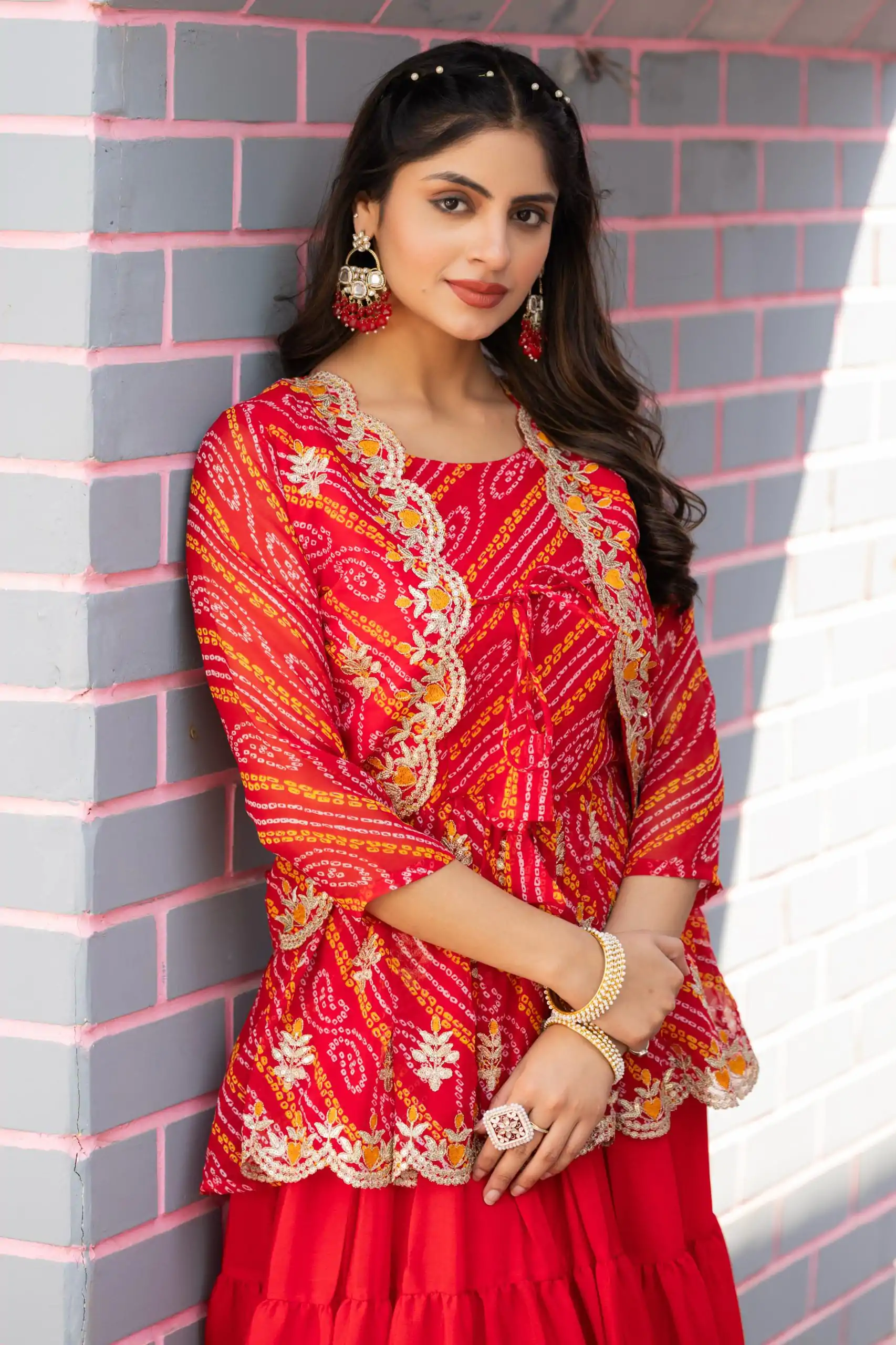 Ram 091 Red Color Bandhej Embroidery Thared Work Lehenga Crop Top & Jacket Wedding, Party, Festive, Events Etc. Delivery 4-6 Working Days Rs 2149 | Lehenga, Bollywood Lehenga, Creative Lehenga, Designer Lehenga, Embroidered Lehenga, Party Wear Lehenga