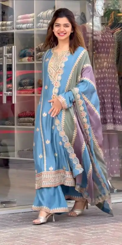 AD 145 Sky Blue Color Faux Georgette With Embroidery Sequence Work Salwar Suit Casual, Wedding, Party, Festive, Events Etc.4-6 Working Days@ 2099/-only | Jump Suits, Salwar suit, Casual Suits, Creative suits, Designer Suits, Palazzo Suits, Party Wear Suits, Patiala Suits, Straight Suits